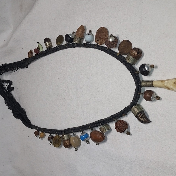 Unique Vintage Jewelry - Nepal beaded necklace Shaman made couns shells nuts coins
